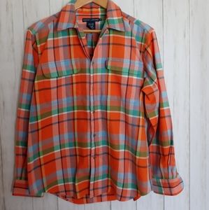 Ralph Lauren Shirt Men  Plaid   12  orange buttons Front Good Condition Cotton